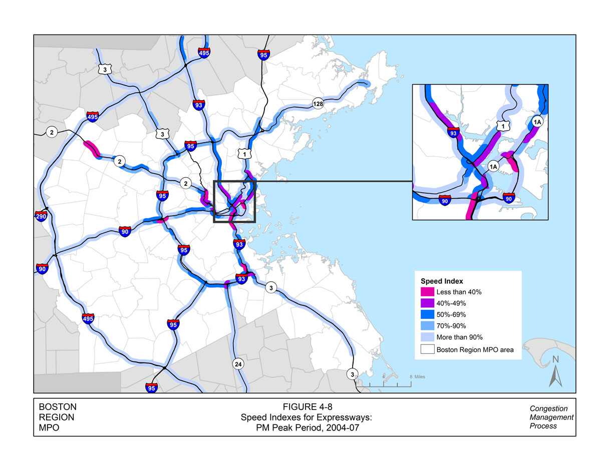 This figure displays the PM speed indexes for the limited-access roadways and expressways in the Boston MPO region. The data for this map were collected between 2004 and 2007. The roadway links are color-coded to show the speed index percentage. Less than 40% is indicated in pink, 40% to 49% percent is indicated in purple, 50% to 69% is indicated in dark blue, 70% to 90% is indicated in light blue, and more than 90% is indicated in teal. There is an inset map that displays the speed indexes for the inner core section of the Boston region.
